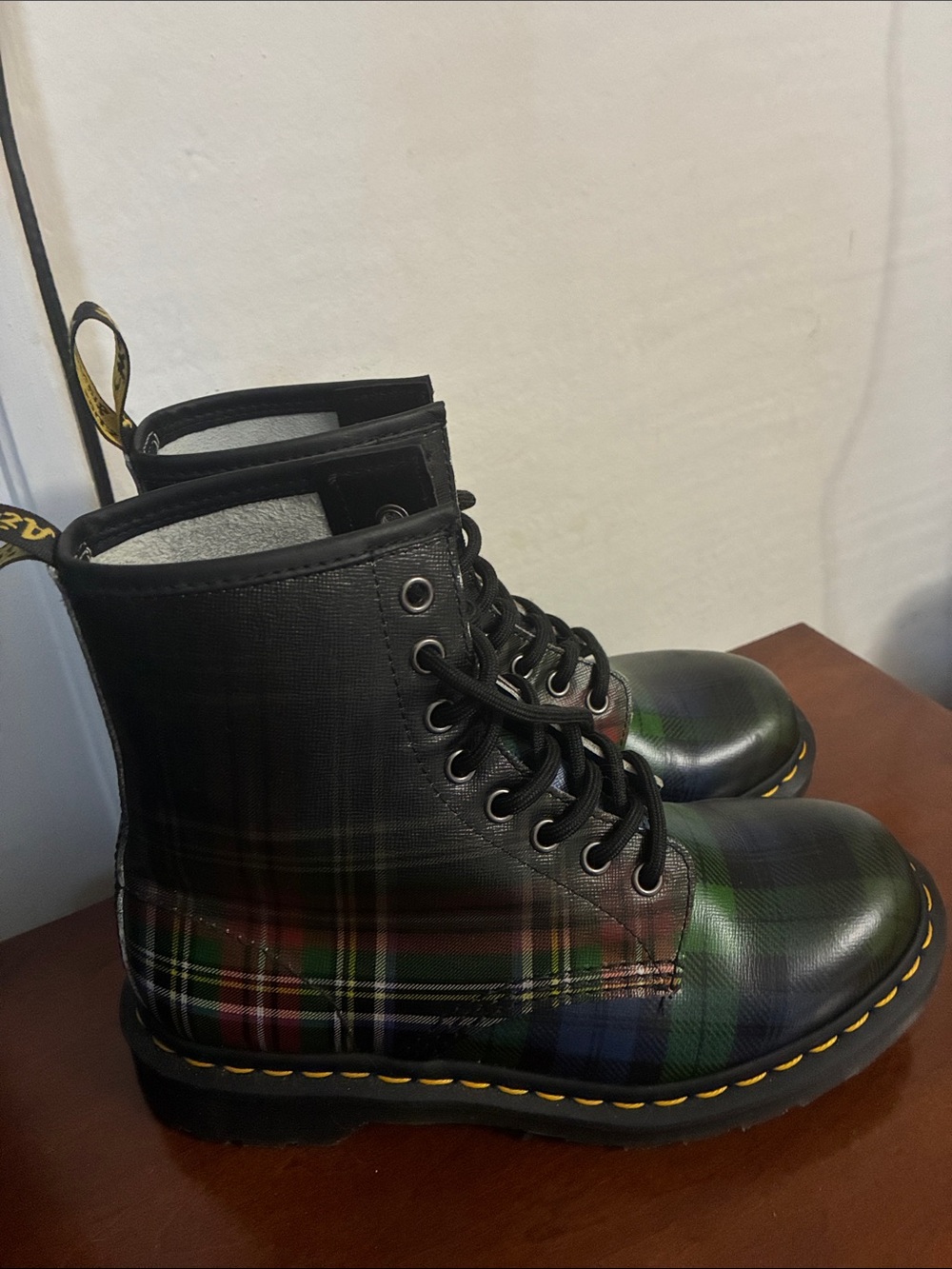 Dr. Martens Black and Green Plaid Lace-Up Boots with Yellow Stitching Like New 7